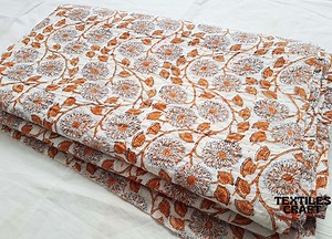Orange Floral Block Print Kantha Quilt: Handmade Indian Cotton Bed Cover Floral Bedspread - Etsy