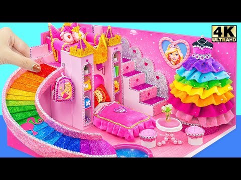 Recycling Cardboard into a Magical Rainbow Princess House with Water Slide ✨ DIY Miniature House
