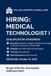 🏥 STA. ANA HOSPITAL | MANILA, NCR HIRING: MEDICAL TECHNOLOGIST I 💼 Salary Grade 11 | Php 28,512/month 🎓 Bachelor’s in MedTech or Public Health 🗓️ Deadline: October 14, 2025 📬 Submit application to: JANET DEL MUNDO-TAN, MD, FPAMS, MBA Medical Center Chief Sta. Ana Hospital 2629 New Panaderos St., Sta. Ana, Manila 📧 staanahospital@manila.gov.ph 🗓️ Deadline of Application: October 14, 2025 ✨ Apply now and be part of Sta. Ana Hospital’s dedicated healthcare team! #JobVacancy #MedicalTechnolog