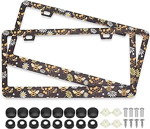 Bee Honeycomb and Flowers License Plate Frames, 2 Pack Bee Honeycomb Flower Car Plate Frame, Stainless Steel License Plate Holders Covers with Free Screws Fasteners Caps (Bee Flowers)