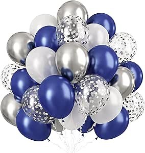 Blue Silver White Balloons, 60 Pcs 12 Inch Pearl Navy Blue and Silver White Balloons, Night Blue Metallic Silver Pearl White Party Balloons with Silver Confetti Balloons for Boys Birthday Space Party