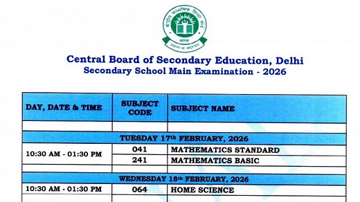 CBSE Date Sheet 2026 Class 10, 12 (Final) Out at cbse.nic.in; Download  CBSE 10th, 12th Exam Dates