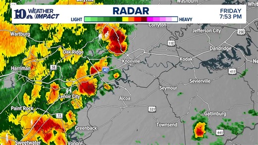 RADAR UPDATE (FRI 8 PM) | Heavier showers and isolated storms are making their way into the Knoxville area. A general line of heavy showers and isolated storms stretches north from Greenback to Norris, moving ENE. Drive carefully, and move indoors when thunder roars. | WBIR Weather