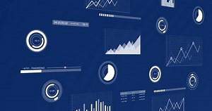 Animation of scanners and charts processing data on dark blue background. Network, data, connection, business, digital interface and global communication, digitally generated video.