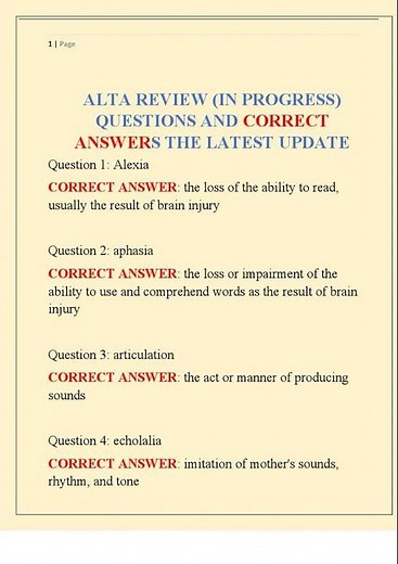 ALTA REVIEW IN PROGRESS QUESTIONS AND CORRECT ANSWERS THE LATEST UPDATE0001