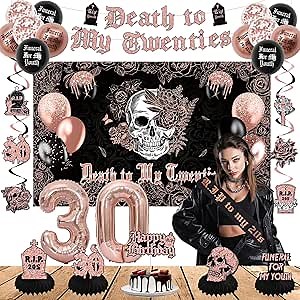 Crenics Rose Gold and Black Death to My 20s Decorations - Death to My Twenties Backdrop, Banner, Honeycomb, Sash, Hanging Swirls, Cake Topper and Balloons for 30th Birthday Party Decorations for Her