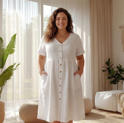 Linen Button-front Midi Dress, Empire Waist, Short Sleeves, Relaxed Fit , Plus Size Women Dresses - Etsy UK