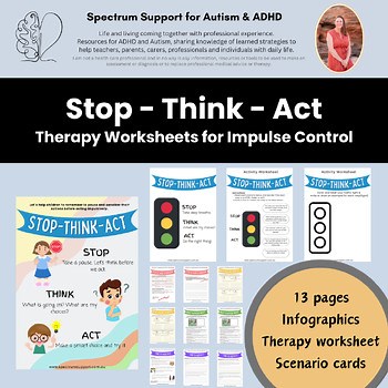 Stop Think Act Therapy Worksheets for Kids with ADHD Autism Spectrum CBT