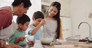 Grandma, mixing or happy kids baking with mother in kitchen learning cooking recipe in family home. Siblings, development or grandmother helping or teaching children with flour bowl for cookies
