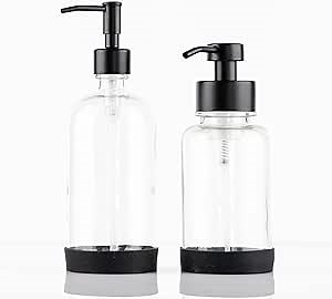 Clear Glass Foaming Hand Soap and Non-Foaming Dish Soap Glass Bottles - Matte Black Stainless Steel Pumps - Modern Decorative Style - Large Glass refillable Container - Silicone Coasters