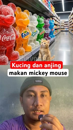 Cerita anak kucing beli gummy mickey mouse.