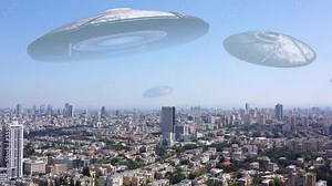 Alien ufo Invasion Saucers over Large City, 3d Illustration Tel aviv, Israel, Drone view with visual effect Elements