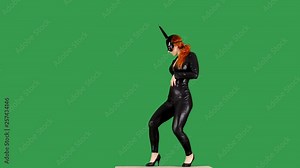 Seductive Red Headed Dancer Twerking in Latex Catsuit on Green Screen