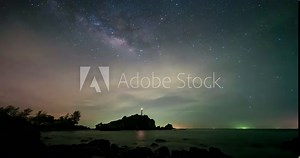 Time lapse Milky way galaxy stars over lighthouse,Star Time Lapse, Milky Way Galaxy Moving Across the Night Sky,Dark sky in beautiful starry night time, Milky Way Galaxy. 4K High quality UHD.
