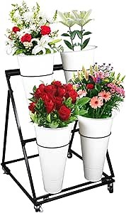 2-Tier Flower Display Stand with 4 White Buckets, Metal Plant Stand with Wheels, Heavy Duty Moving Plant Cart Shelf for Patio Garden, Living Room, Florist