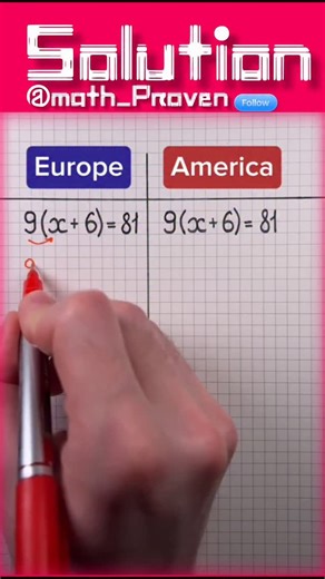 Math_proven on Instagram: "Same equation, two different solving styles 🤯 Europe vs America math method — which one do you understand faster? This algebra trick shows how simplifying an equation can be done step-by-step or instantly. Try it yourself 👇 Comment EU or US & follow for more smart math reels! europe vs america math algebra solving method linear equation math trick x value problem solving education reels smart calculation #Math #Algebra #MathTrick #Education #Reels"
