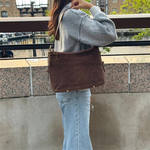 Handmade Dark Tan Italian Suede Shoulder Bag With Gold Hardware and Adjustable Straps - Etsy