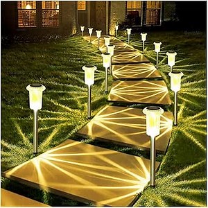 DenicMic Solar Lights Outdoor 15 Pack Waterproof 3000K Warm White LED Stainless Steel Stake Outside Lights for Yard Pathway Garden Driveway Walkway Landscape Path Lighting