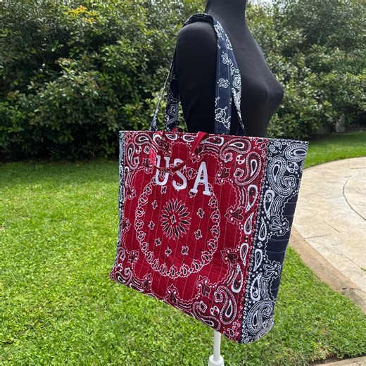 Quilted Red White and Blue Bandana Tote Bag - Shoulder Travel Bag - July 4th - Etsy