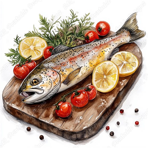 20 Cooked Fish Clip Art, Fresh Fish Printable Images, Watercolor Food Digital Download, Seafood Dishes Scrapbooking Paper Crafts JPG Bundle - Etsy