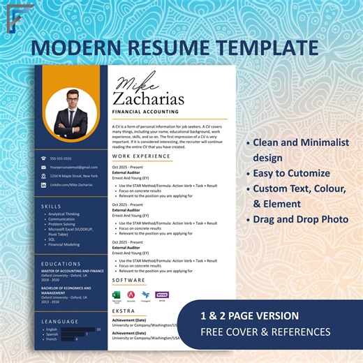 Modèle de CV moderne avec lettre de motivation et références, CV créatif modifiable, téléchargement immédiat - Etsy France