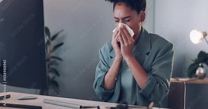 Business, woman and sneeze in office, computer and sickness. Female entrepreneur, administrator and tissue for illness, flu and girl overworked, burnout and employee for corporate planning or startup