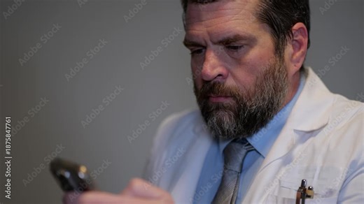 Middle-aged male doctor in home office reviews patient EMR dashboard with AI-assisted notes, vitals, labs, and visit summaries on monitor concept