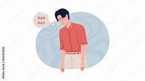 Animated feeling bad. Looped 2D cartoon flat characters on white with alpha channel transparency for web design. HD video footage. Pessimistic emotions. Burnout issue. Tired man concept animation