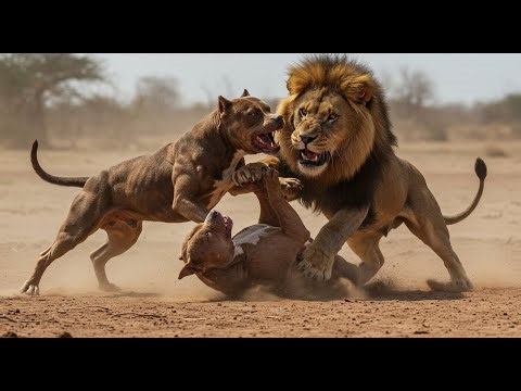 an Angry Lion vs 2 Pitbulls Dogs: Fierce Fight in the Savannah