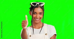Happy thumbs up, green screen face and woman with yes emoji gesture for congratulations, job well done or agreement. Winner portrait, success satisfaction and chroma key female on studio background