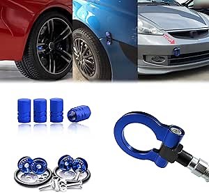 x xotic tech Set Blue Racing Style Aluminum Front Bumper Tow Hook + Wheel Stems Air Valve Caps + Quick Release Fastener Hatch Lids Compatible with Honda Fit Jazz or Acura TLX 2015-2018
