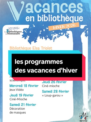 La ville et les associations vous proposent un programme très diversifié pour vos vacances d'Hiver ! Toutes les informations sont sur les affiches : 📖Vacances en bibliothèque 👥Programme de l'Espace Huberte d'Hoker ⚽Ouverture du terrain synthétique d'Armand Bellard 👧Programme de l'ALSH à voir sur le site de la ville 🏠Programme de la Maison des Adolescents de l'Oise (MDAO) 🏊Planning de la Piscine de Montataire en période scolaire 🛶Initiation au kayak avec la Piscine de Montataire et le Canoë
