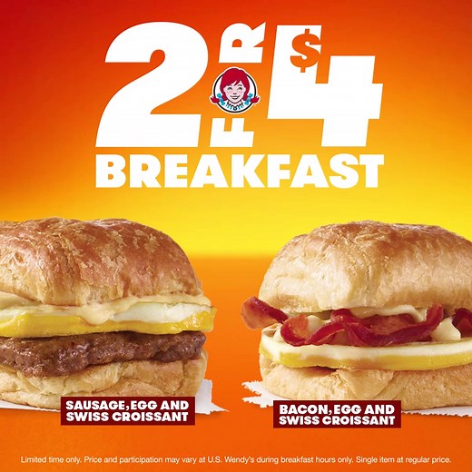3.4M views · 26 reactions | $4 gets you two of our breakfast sandwiches with fresh cracked eggs, oven-baked bacon, all white meat chicken and melt-in-your-mouth croissants. | Wendy's | Facebook