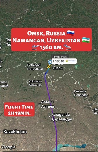 Omsk, Russia 🇷🇺 to Namangan, Uzbekistan 🇺🇿 Flight Route ✈️ Uzbekistan Airways