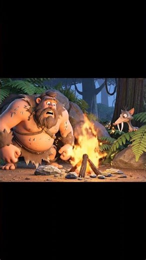 Stone age man lighting fire with stones