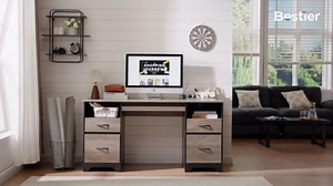 Bestier 59” Computer Desk with 4 Drawers, Office Executive Desk with File Drawer, Keyboard Tray for Home Office, Gray