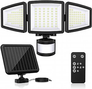Solar Motion Sensor Outdoor Lights 3000LM Bright LED Security Flood Light - Adjustable 3 Head Night Lighting Solar Powered IP65 Waterproof with Remote for Outside Garage Yard