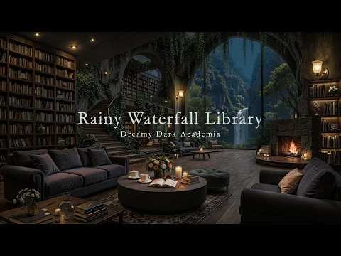 Rainy Night Gothic Library | Rain Sounds & Fireplace Ambience | Dark Academia Piano Music Playlist