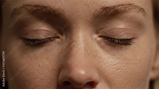 Close up of a womans eyes opening and closing slowly.
