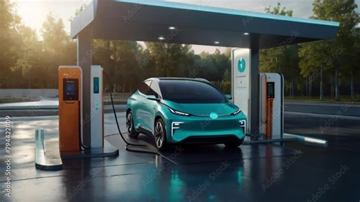 Electric car filling H2 at hydrogen fueling station. H2 Fuel cell vehicle. Net zero emission. Future energy. Hydrogen car in futuristic vehicle concept created with generative ai.