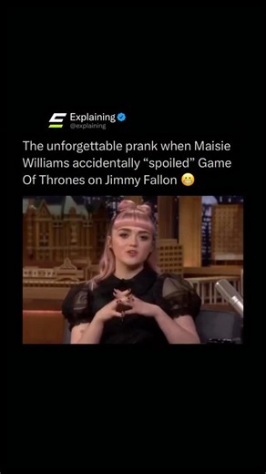 Explaining on Instagram: "One of the most unforgettable late-night pranks happened when Maisie Williams appeared on The Tonight Show and casually acted like she had just spoiled Game of Thrones. 😳📺 While chatting with Jimmy Fallon, she suddenly froze, looked panicked, and said she thought she had revealed Arya Stark’s fate. The tension felt real, the audience gasped, and Jimmy played along as if HBO was about to lose its mind. 😬🔥 Then the twist landed. It was all staged. The moment was a pla