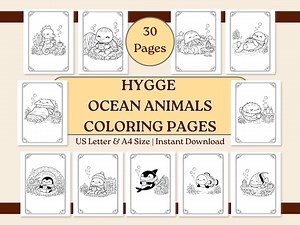 30 Cozy Sea Animals Coloring Pages | Hygge Ocean Coloring Book | Relaxing Coastal Coloring | PDF & PNG | Commercial Use - Etsy