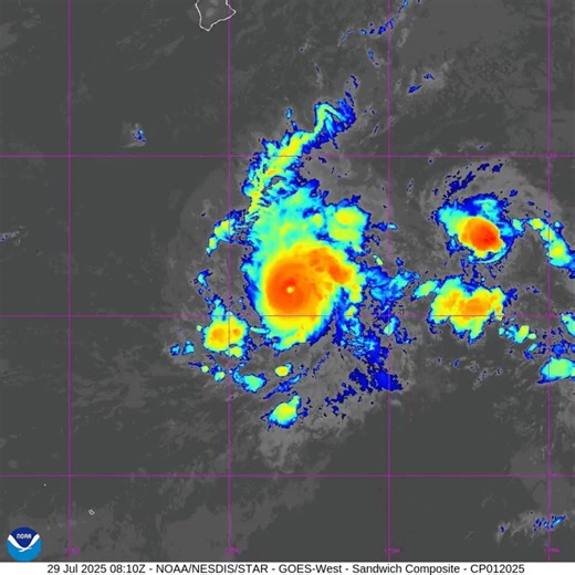 NOAA's GOES West (GOES-18) satellite is tracking Hurricane #Iona as it spins south of Hawaii. Just to its east, is Tropical Storm #Keli. There are no coastal watches or warnings in effect. Latest updates: https://www.nhc.noaa.gov/?cpac | NOAA Satellite and Information Service