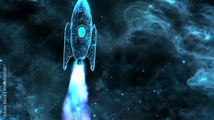 A futuristic rocket blasts off into space, leaving a trail of blue light