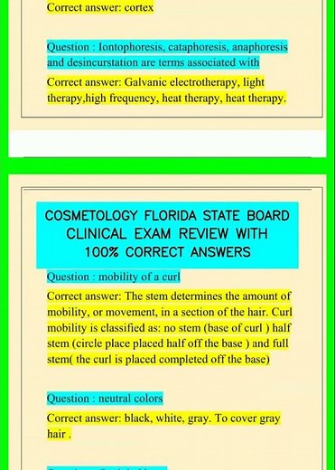 COSMETOLOGY FLORIDA STATE BOARD CLINICAL EXAM REVIEW WITH 100% CORRECT ANSWERS video