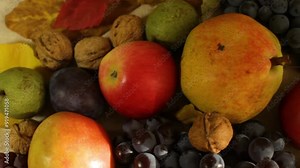 The video features a beautiful autumn harvest scene on a table, showcasing various fruits such as apples, pears, prunes, walnuts, and grapes, complemented by bright fall leaves. Slow panorama.