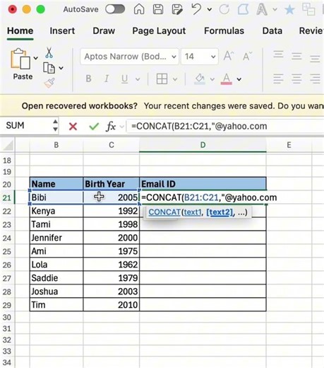 How to Create an Email ID using CONCAT Formula in Excel #excel #exceltips #exceltutorial