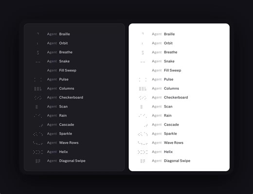 好漂亮的 unicode-animations，在 agent 中用这些 loading 效果非常赞，不仅仅是 cli，任何平台都可以使用，没人任何依赖，作者是Perplexity 的设计师。https://t.co/saFEwJApya