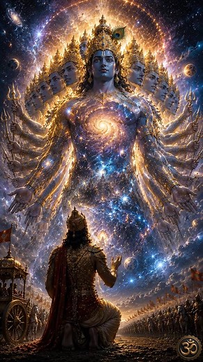 When Arjuna asked to see the true nature of the Divine, Lord Krishna revealed the Vishwaroopa—the Cosmic Form containing all creation, all worlds, and all time within Himself. A vision of infinite faces, celestial radiance, and the eternal cycle of creation and destruction. The universe itself was revealed as one with the Supreme. ॥ Om Namo Bhagavate Vasudevaya ॥ #Vishwaroopa #Krishna #BhagavadGita #Vishnu #Hinduism