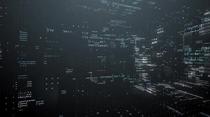 The camera flies 360 degrees around the code of a computer program in virtual space. Technology interface Computer data Digital screen